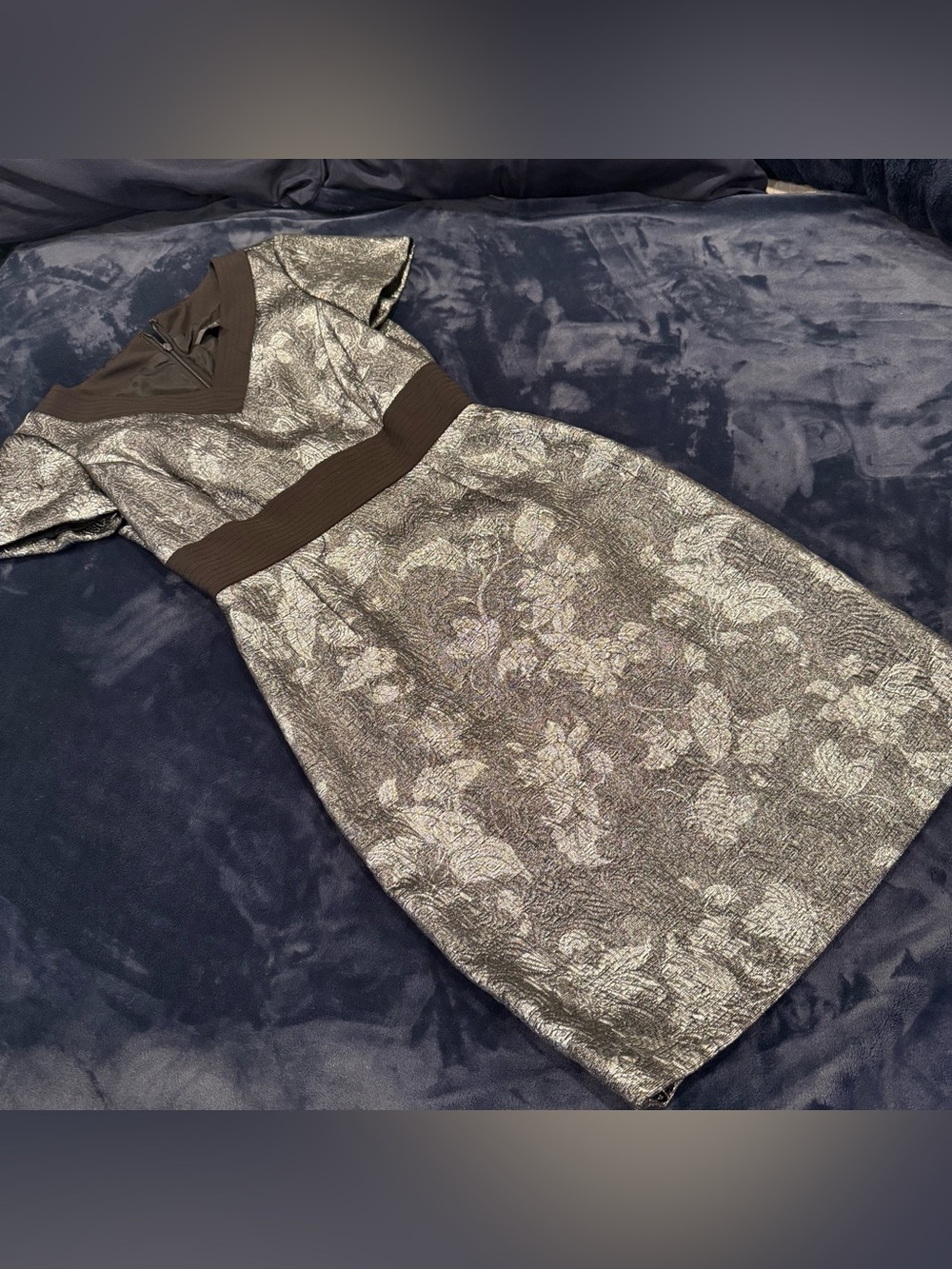 Alex Marie Metallic Silver Floral Sheath Dress with Black Trim